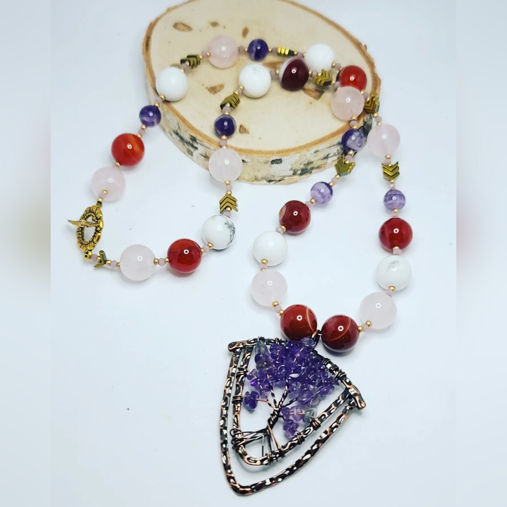Rose Quartz, Red Agate, Howlite Amethyst Pendant necklace
